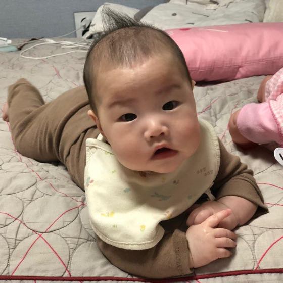 A baby lifting its head and upper body while on the tummy